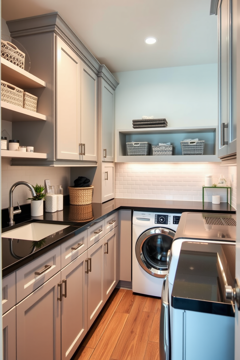 Mudroom-style cabinets feature a combination of hooks and shelves for optimal organization. The cabinets are painted in a soft gray tone, with natural wood accents and a bench for seating. In the laundry room, cabinets are designed for functionality and style. They include built-in hampers and pull-out drying racks, all in a crisp white finish with brushed nickel hardware.