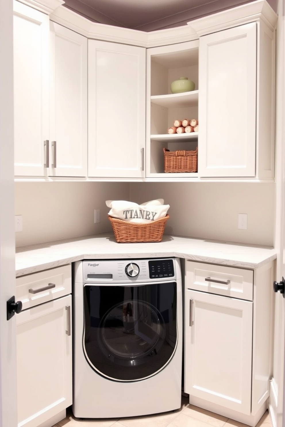 A stylish laundry room featuring corner cabinets designed to maximize space. The cabinets are painted in a soft white finish with sleek handles, providing a clean and modern look. The countertop above the cabinets is made of durable quartz, offering ample workspace for folding laundry. A decorative basket sits on the countertop, adding a touch of warmth and organization to the room.