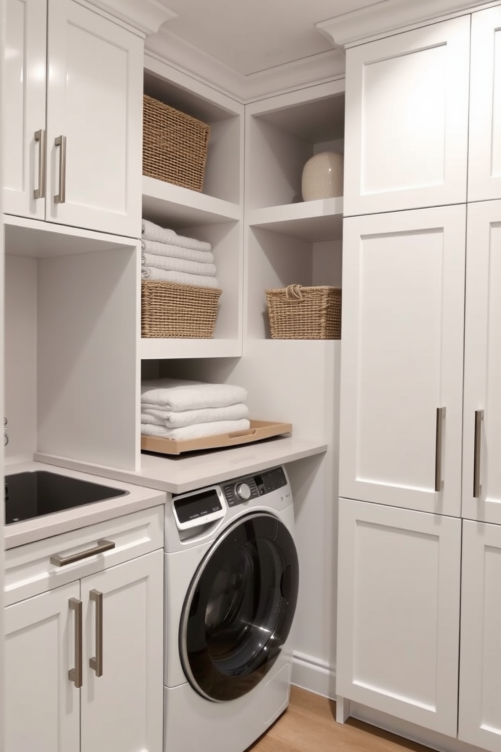 A laundry room featuring classic shaker cabinets that exude timeless elegance. The cabinets are painted in a soft white finish with brushed nickel hardware, providing a clean and sophisticated look. The countertop is a durable quartz surface in a light gray tone, complemented by a stylish backsplash in a herringbone pattern. A farmhouse sink sits beneath a window, allowing natural light to illuminate the space while plants add a touch of greenery.