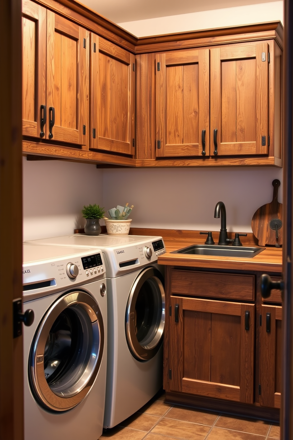 A rustic laundry room featuring wood cabinets with metal accents creates a warm and inviting atmosphere. The cabinets are designed with a distressed finish and industrial-style hardware, providing both functionality and charm.