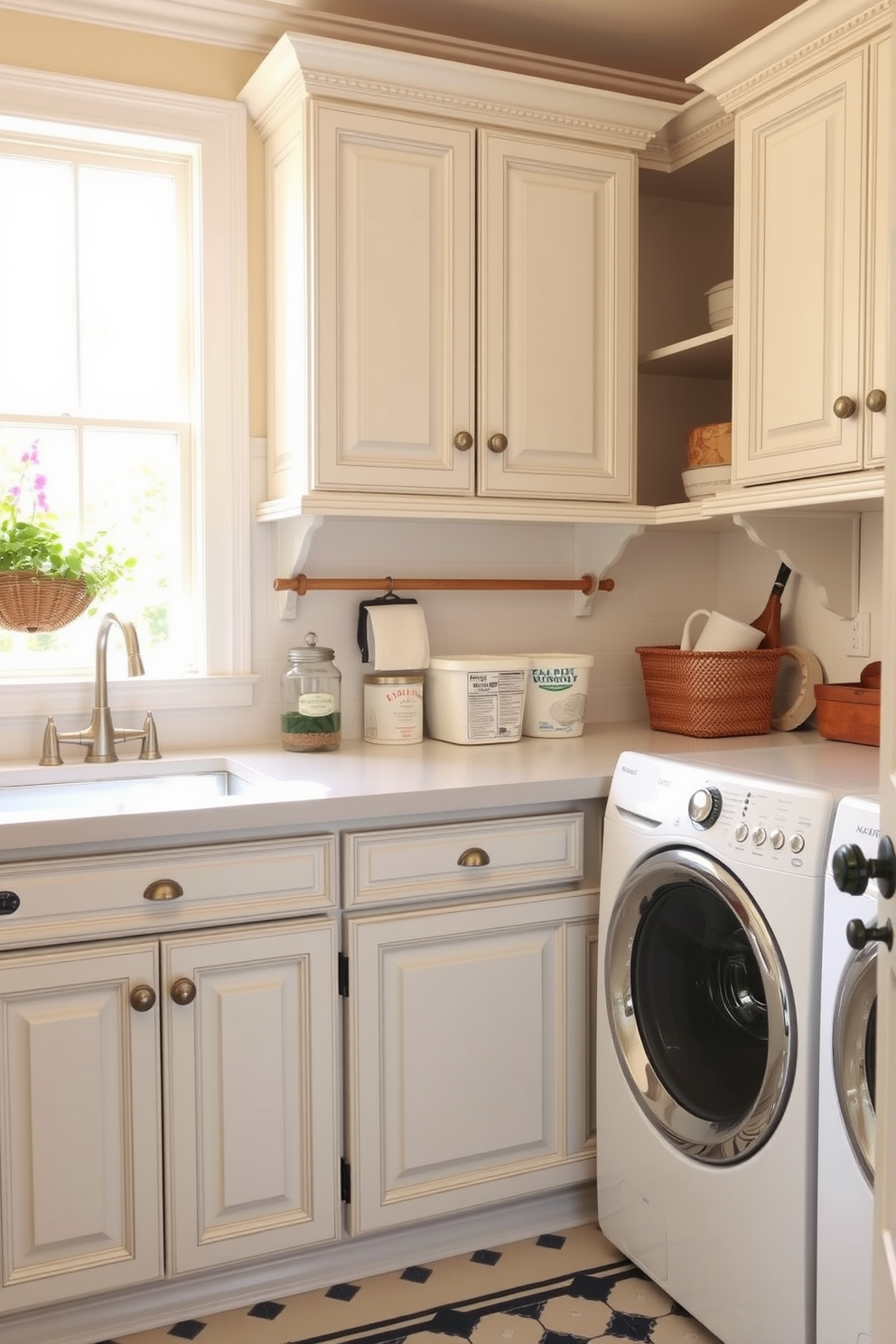 A modern laundry room featuring multi-functional cabinets with a folding station. The cabinets are sleek and white with ample storage space, and the folding station is seamlessly integrated into the design. The room is illuminated by natural light coming through a large window, enhancing the bright and airy feel. A stylish laundry basket sits next to the folding station, and decorative hooks are mounted on the wall for added convenience.