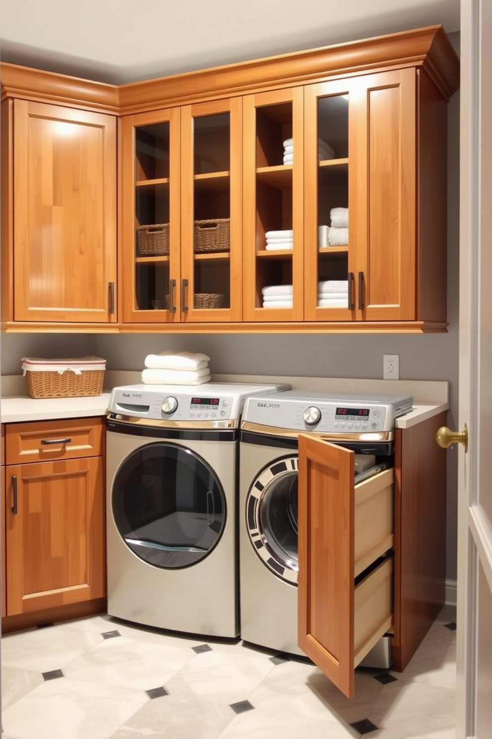 Vintage inspired cabinets for a charming touch. The cabinets feature intricate woodwork with a distressed finish, complemented by antique brass handles. The laundry room is bright and airy, with soft pastel walls and a large window allowing natural light to flood in. A vintage farmhouse sink sits beneath the window, enhancing the overall charm of the space.