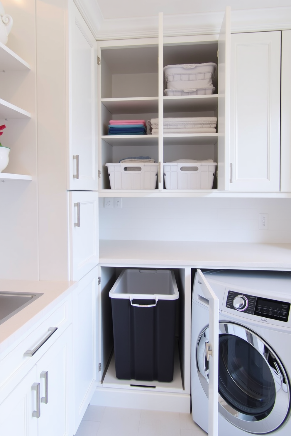 A functional laundry room featuring cabinets with pull-out hampers for easy access and organization. The cabinetry is finished in a soft white tone, complemented by sleek silver hardware and a spacious countertop for folding laundry.