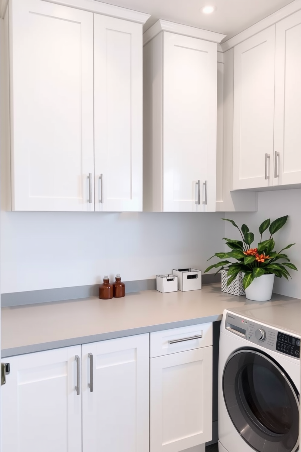 A modern laundry room features hidden cabinets that blend seamlessly with the walls creating a clean and uncluttered appearance. The cabinetry is finished in a soft white hue with minimalist handles, providing ample storage while maintaining a sleek aesthetic. Incorporated into the design are open shelves above the cabinets for easy access to frequently used items. The space is illuminated by warm lighting, enhancing the inviting atmosphere of this functional area.