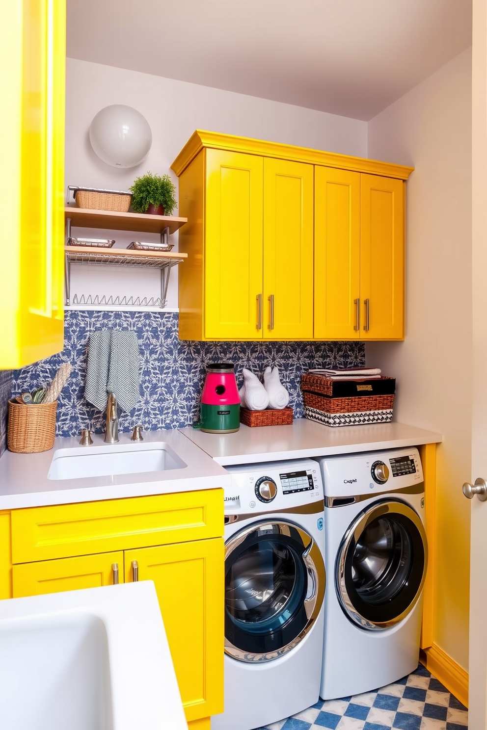 Cottage style cabinets with beadboard detail create a charming and inviting laundry room atmosphere. The cabinets are painted in soft pastel colors, complemented by vintage-style hardware for an added touch of character. Open shelving above the cabinets showcases neatly arranged baskets and decorative items. A farmhouse sink sits below a window, allowing natural light to brighten the space while adding functionality to the design.