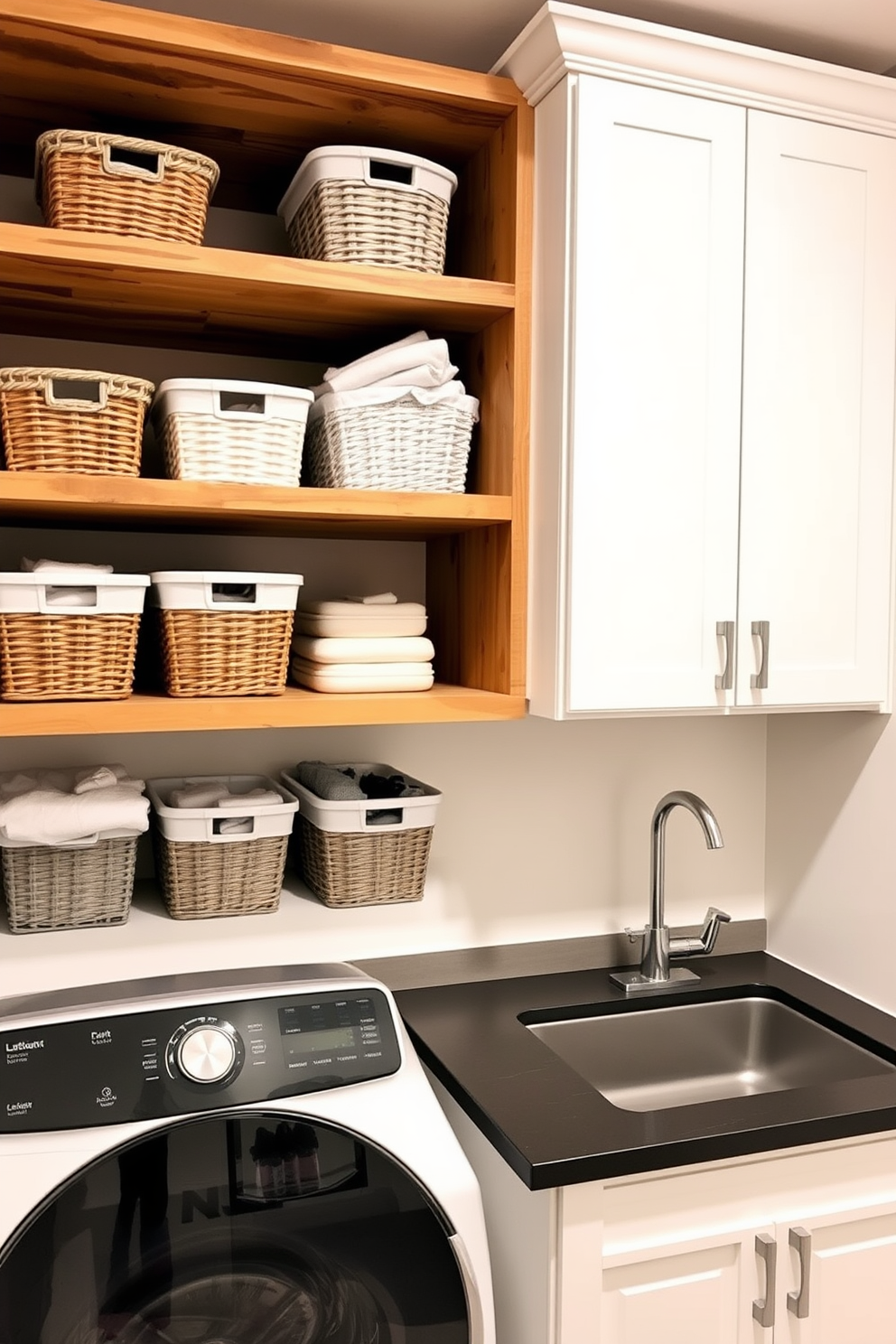 Open shelving design for a laundry room featuring neatly organized baskets and containers for easy access to frequently used items. The shelves are made of reclaimed wood, adding a rustic charm, and are complemented by a stylish countertop for folding clothes. Cabinet design ideas include sleek cabinetry in a soft white finish with brushed nickel hardware for a modern look. The cabinets are designed to maximize storage space while maintaining a clean and uncluttered appearance.