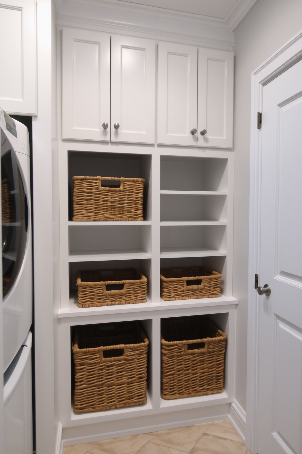 A stylish laundry room features cabinets with open cubbies designed for neatly organized baskets. The cabinetry is painted in a soft white finish, complementing the light gray walls and providing a clean, modern look.