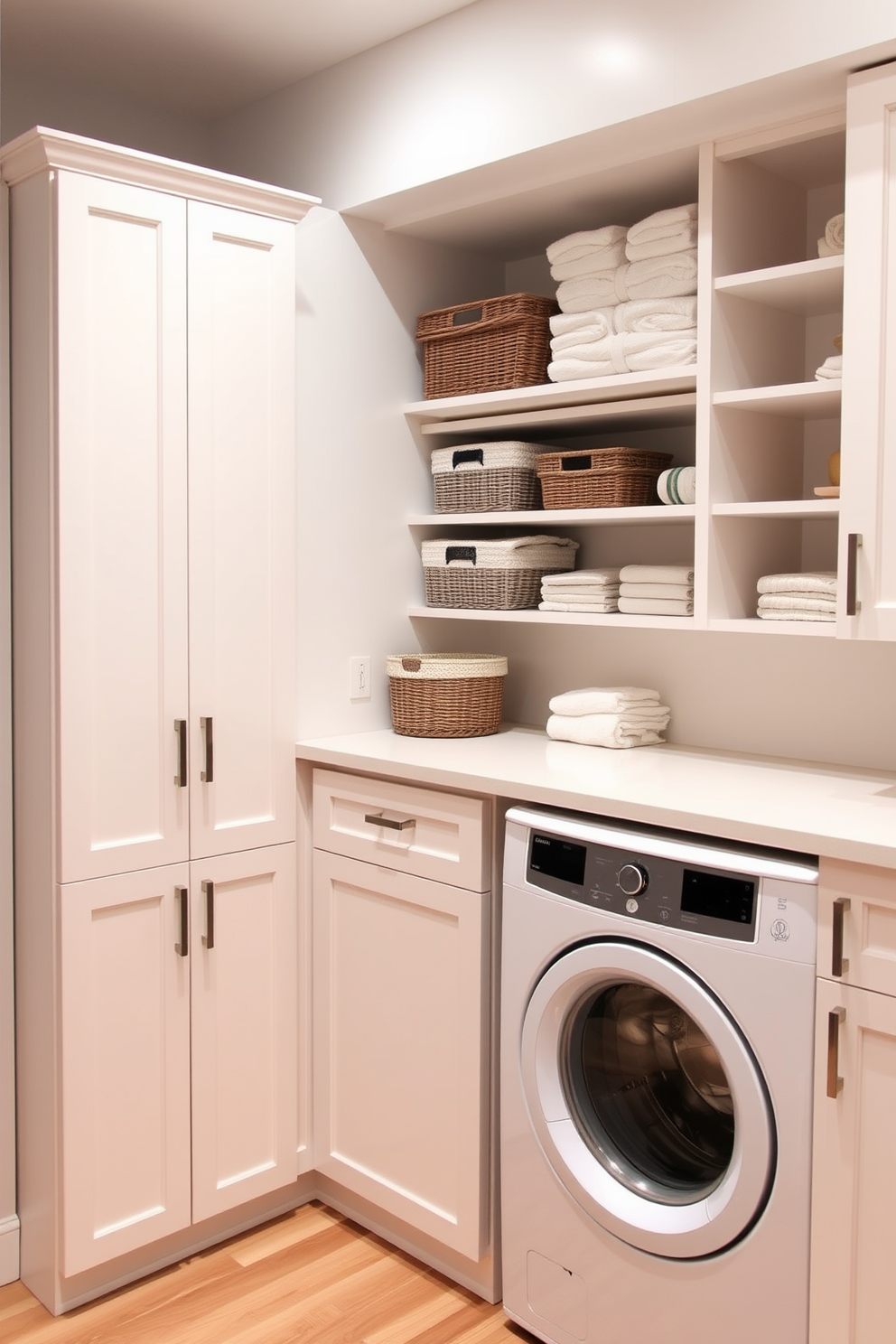 A functional laundry room featuring cabinets with built-in drying racks. The cabinets are designed with a sleek modern finish and ample storage space for laundry essentials.