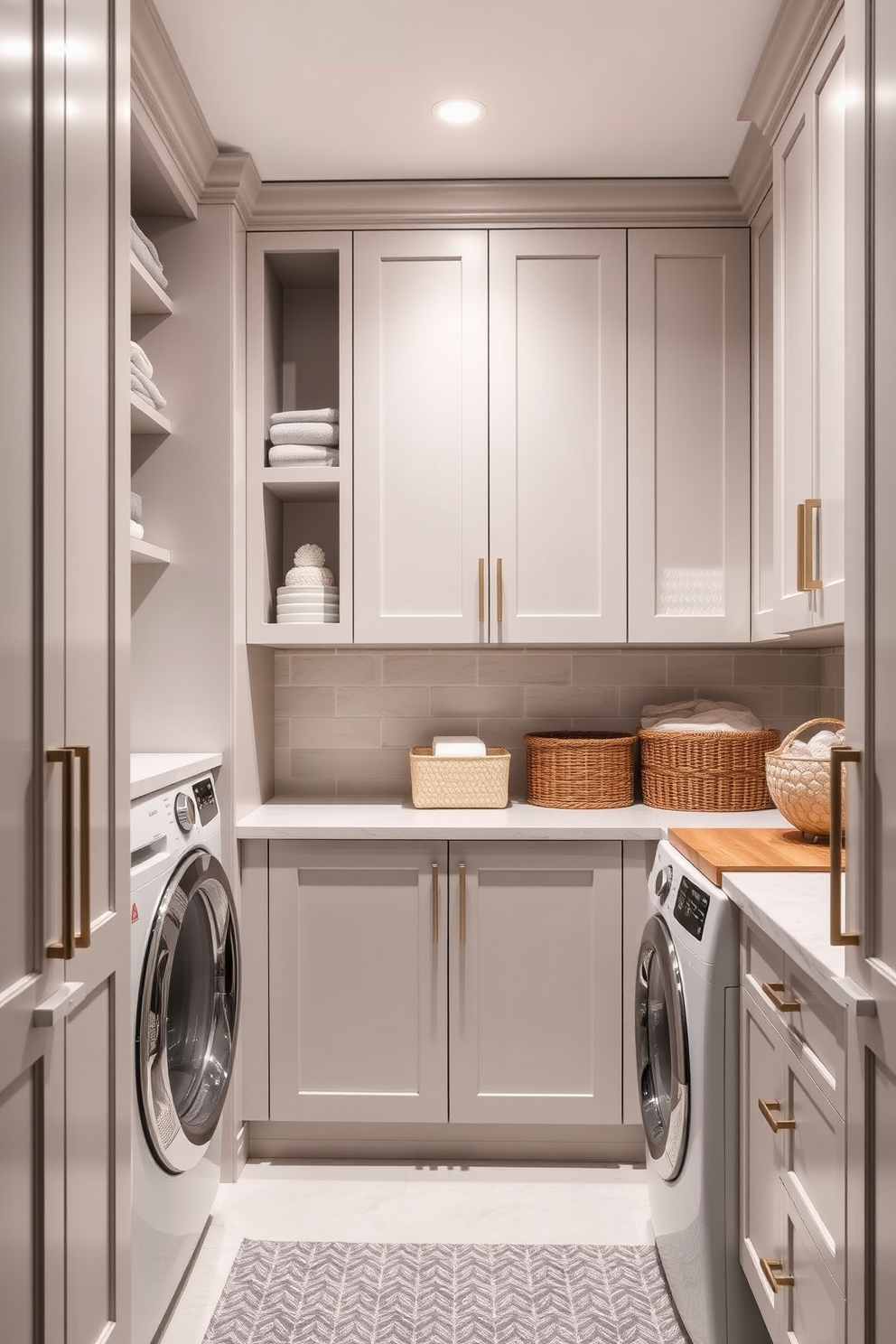 Create a multi-functional laundry room that features sleek cabinets designed for versatility. The cabinets should include ample storage space, with sections for laundry supplies, folding areas, and a small countertop for sorting clothes. Incorporate a modern color palette with soft whites and muted grays to create a bright and airy feel. Add stylish hardware and lighting fixtures to enhance the overall aesthetic and functionality of the space.