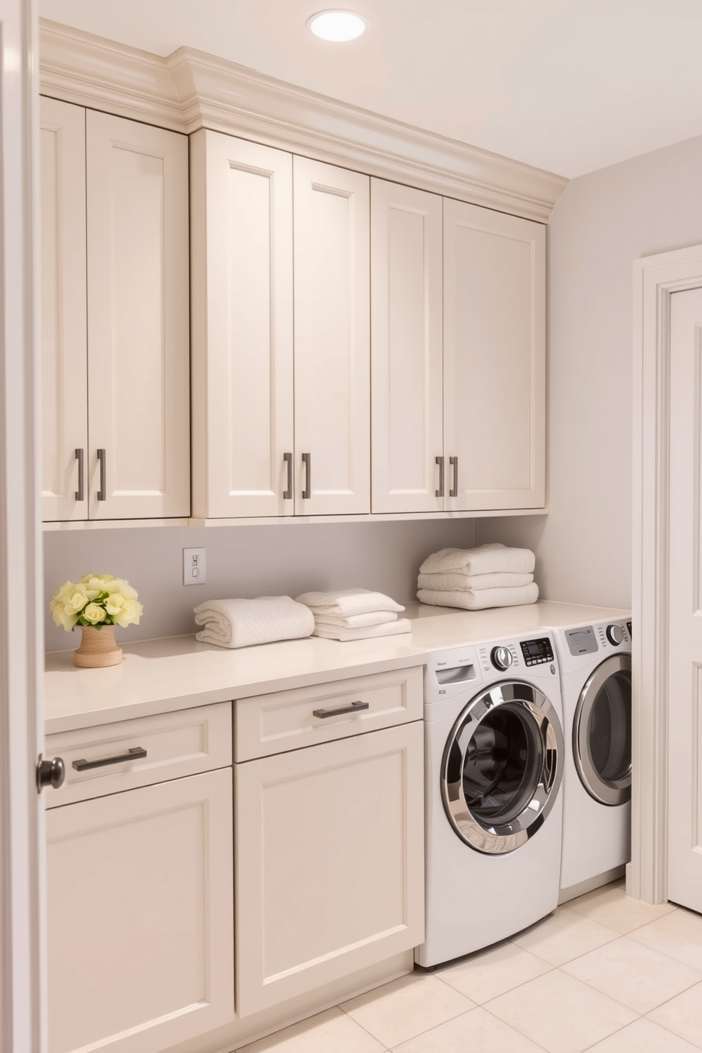 A serene laundry room featuring soft close cabinets that ensure quiet operation. The cabinets are designed with a sleek finish and ample storage space, complemented by a countertop for folding clothes.