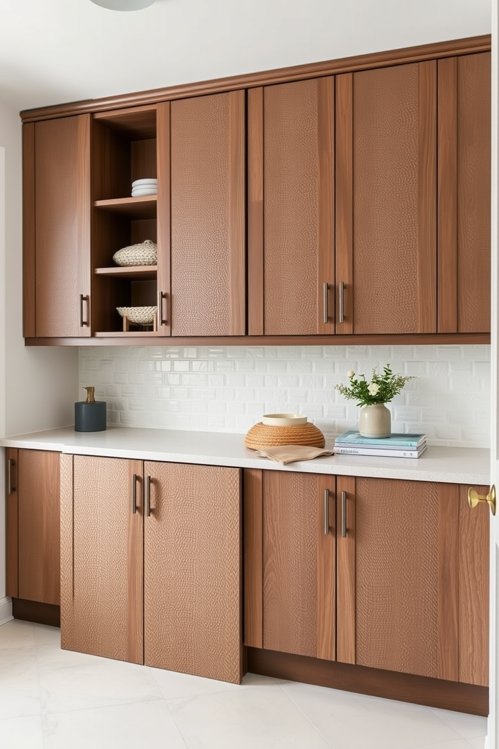 A stylish laundry room featuring cabinets with intricate decorative moldings and trims. The cabinetry is painted in a soft white hue, providing a clean and bright atmosphere. Above the counters, open shelving displays neatly folded towels and decorative baskets. A sleek countertop in a contrasting color offers ample workspace for sorting and folding laundry.