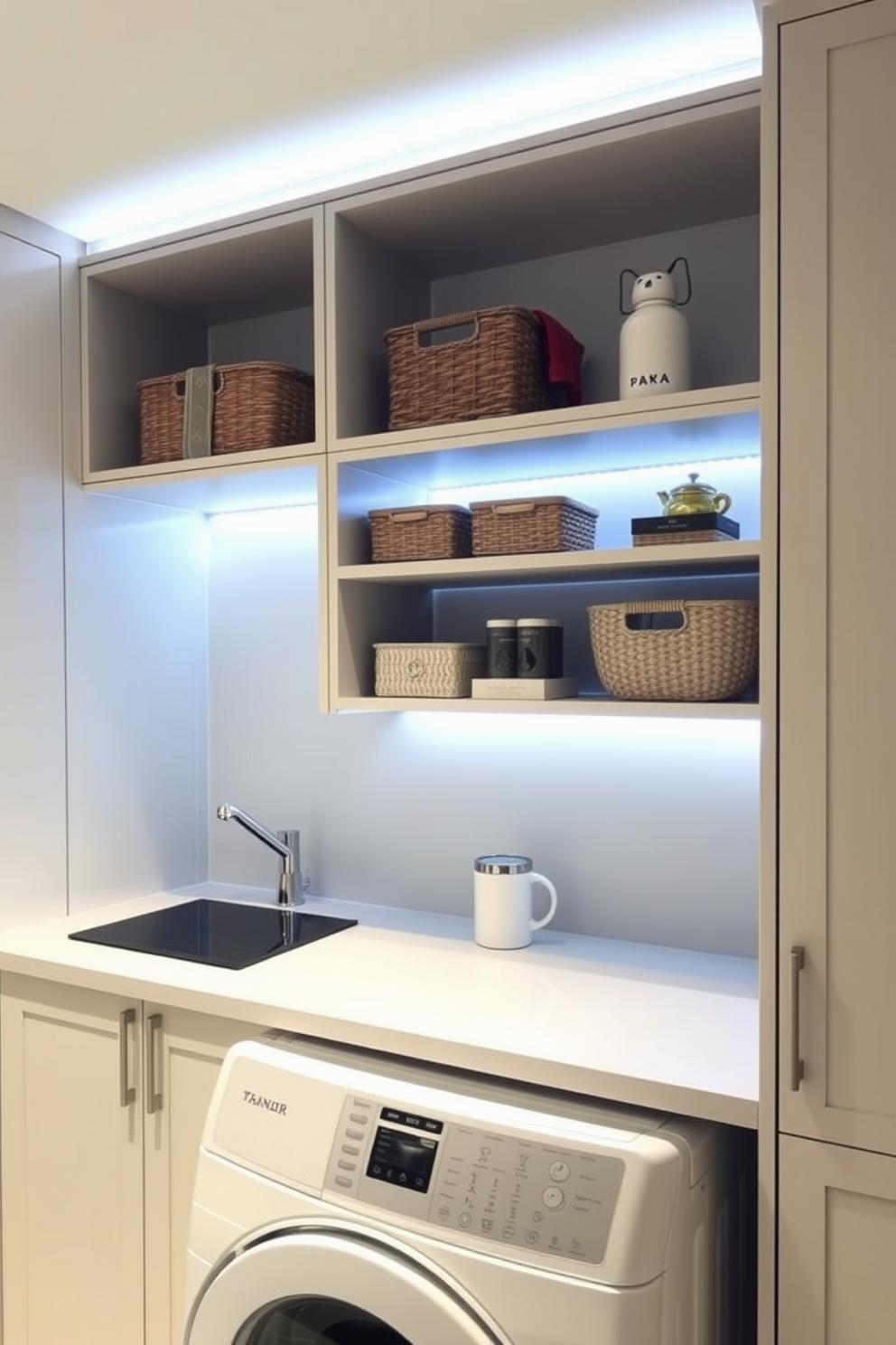 A bright and functional laundry room features sleek cabinetry with under-cabinet lighting that illuminates the workspace. The cabinets are designed with a modern aesthetic, incorporating a mix of open shelving and closed storage for optimal organization. The under-cabinet lighting creates a warm ambiance while providing enhanced visibility for sorting and folding laundry. Stylish baskets and decorative elements are thoughtfully arranged on the shelves, adding a personal touch to the space.