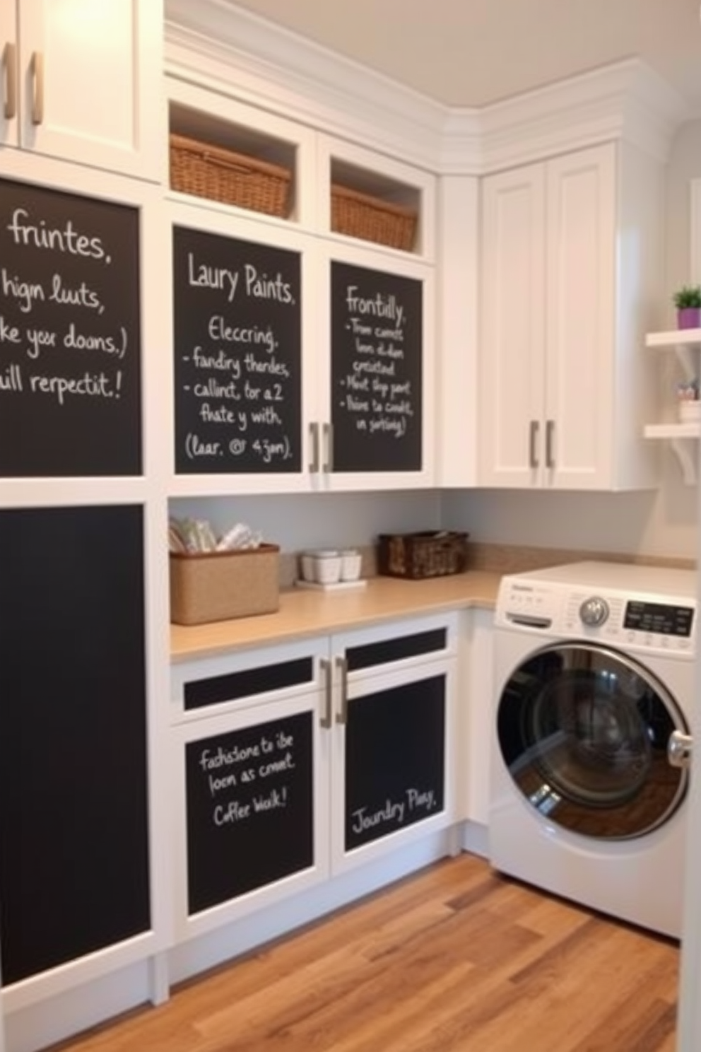 A functional laundry room featuring cabinets painted with chalkboard paint for jotting down notes. The cabinets are sleek and modern, providing ample storage while adding a playful touch to the space.