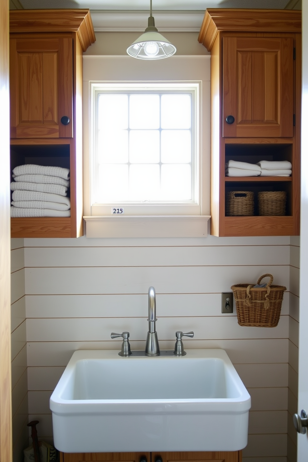 Farmhouse style wood cabinets create a warm and inviting laundry room atmosphere. The cabinets feature a classic shiplap design, complemented by vintage-style hardware for added charm. Natural light streams in through a window above the sink, illuminating the space and highlighting the rustic textures. A farmhouse sink sits beneath the window, surrounded by open shelving displaying neatly folded towels and decorative storage baskets.