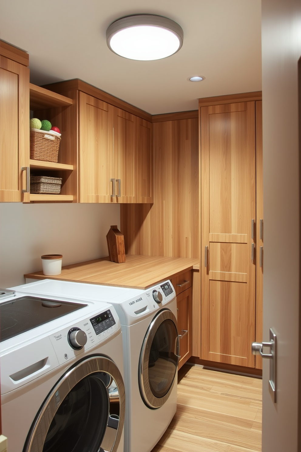 Eco-friendly cabinets made from sustainable materials create a functional and stylish laundry room. The design features natural wood finishes, ample storage space, and energy-efficient lighting that enhances the overall aesthetic.