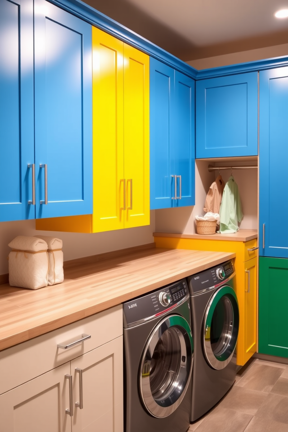 A vibrant laundry room filled with colorful cabinets in shades of blue, yellow, and green. The cabinets are sleek and modern, providing ample storage space while adding a cheerful touch to the room. Beneath the cabinets, a stylish countertop in a light wood finish offers a practical workspace for folding clothes. A washer and dryer are neatly integrated into the cabinetry, creating a seamless and organized look.