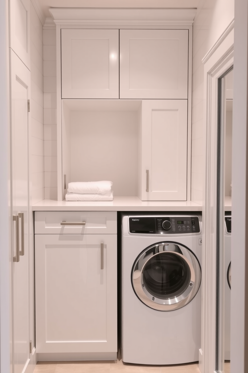 A functional laundry room features floating shelves above the washer and dryer for optimal storage and organization. The cabinets are designed with sleek lines and a modern finish, complementing the overall aesthetic of the space.