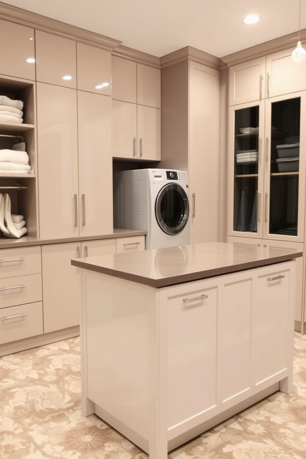 A bright and airy laundry room features glass-front cabinets that elegantly showcase neatly arranged laundry essentials. The cabinets are paired with a sleek countertop for folding clothes, and soft lighting highlights the stylish display within.