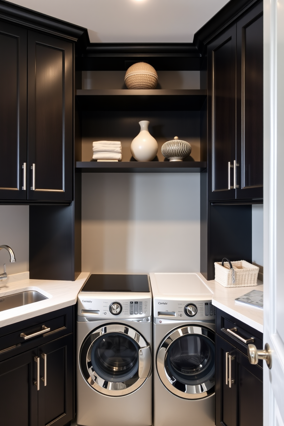 A compact laundry room features stacked cabinets that maximize vertical space while providing ample storage for cleaning supplies and laundry essentials. The cabinets are finished in a soft white hue, complemented by sleek silver handles for a modern touch.