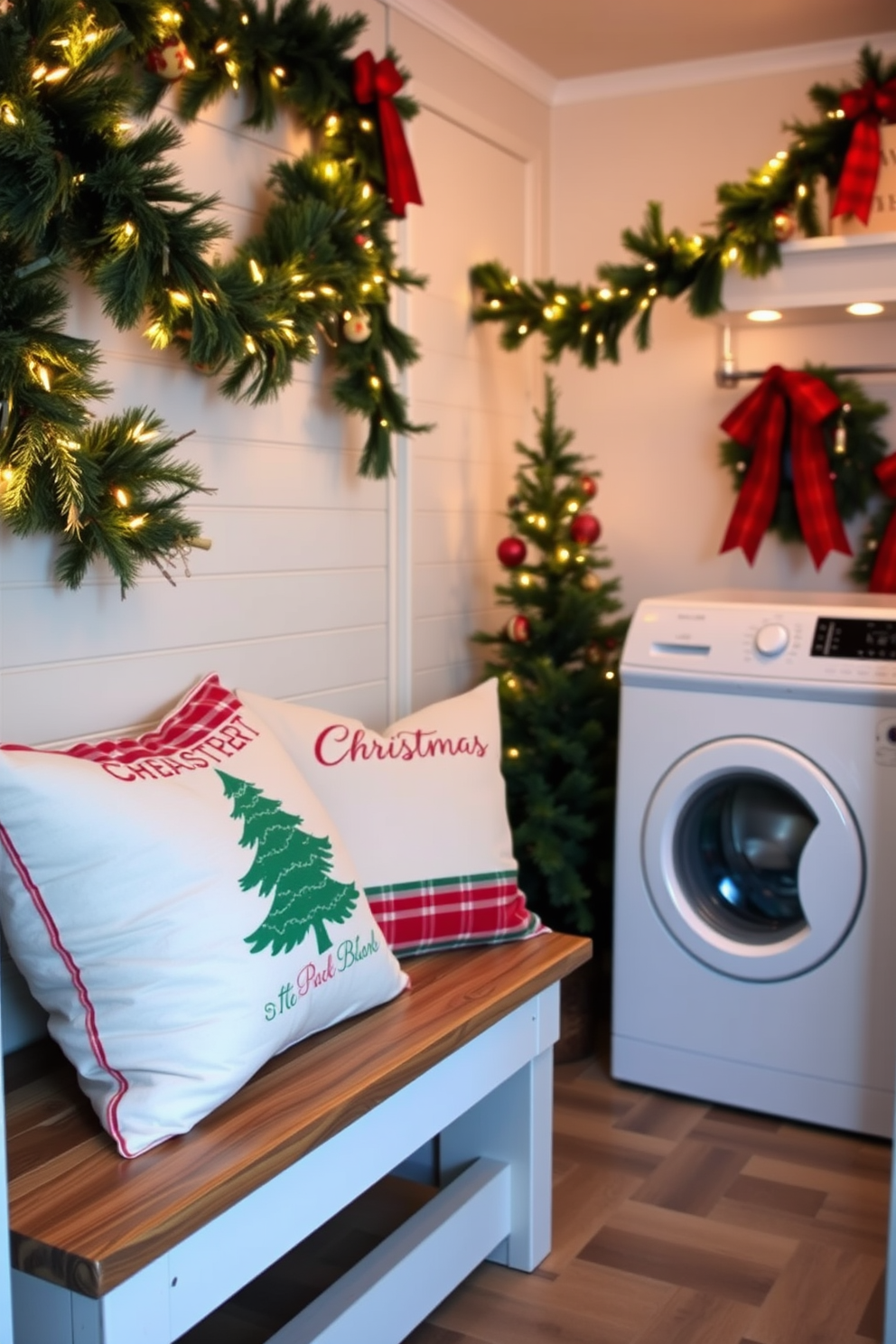 Cozy Christmas throw pillows are arranged on wooden benches, adding a festive touch to the space. The pillows feature a mix of red and green patterns, creating a warm and inviting atmosphere. The laundry room is adorned with cheerful Christmas decorations, including garlands and twinkling lights. A small tree sits in the corner, complementing the overall holiday theme.