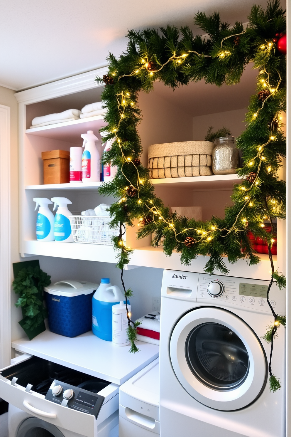 A cozy laundry room adorned with festive Christmas garland draped elegantly over open shelves. The shelves are filled with neatly organized laundry supplies, and twinkling fairy lights are intertwined with the garland to create a warm holiday ambiance.