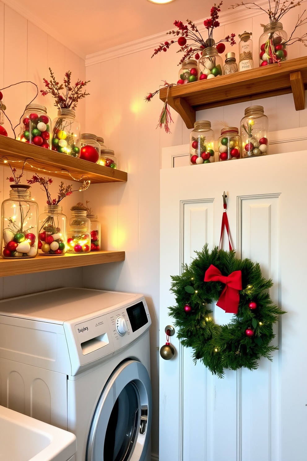 A cozy laundry room adorned with vintage ornaments displayed in glass jars. The jars are filled with colorful baubles, dried flowers, and twinkling fairy lights, creating a festive atmosphere. The walls are painted in a soft pastel hue, complementing the rustic wooden shelves that hold the jars. A cheerful holiday wreath hangs on the door, adding to the warm and inviting decor.