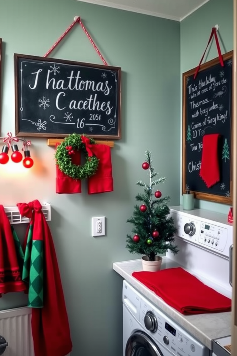 A cozy laundry room featuring a bench seat adorned with festive throw pillows in vibrant colors and patterns. The walls are decorated with cheerful holiday-themed artwork, and a small Christmas tree sits in the corner, adding a touch of seasonal charm.