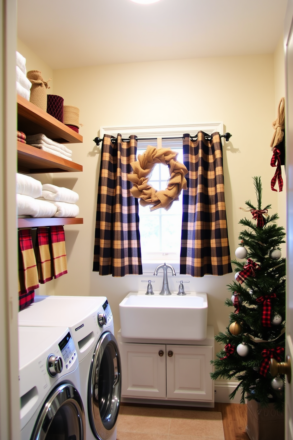 A cozy laundry room adorned with burlap and plaid accents creates a warm and inviting atmosphere. The walls are painted in a soft cream color, and rustic wooden shelves display festive decorations and neatly folded towels. A large farmhouse-style sink sits against one wall, surrounded by plaid-patterned curtains that frame the window. To enhance the holiday spirit, a burlap wreath hangs on the door, and a small Christmas tree is placed in the corner, decorated with plaid ribbons and rustic ornaments.