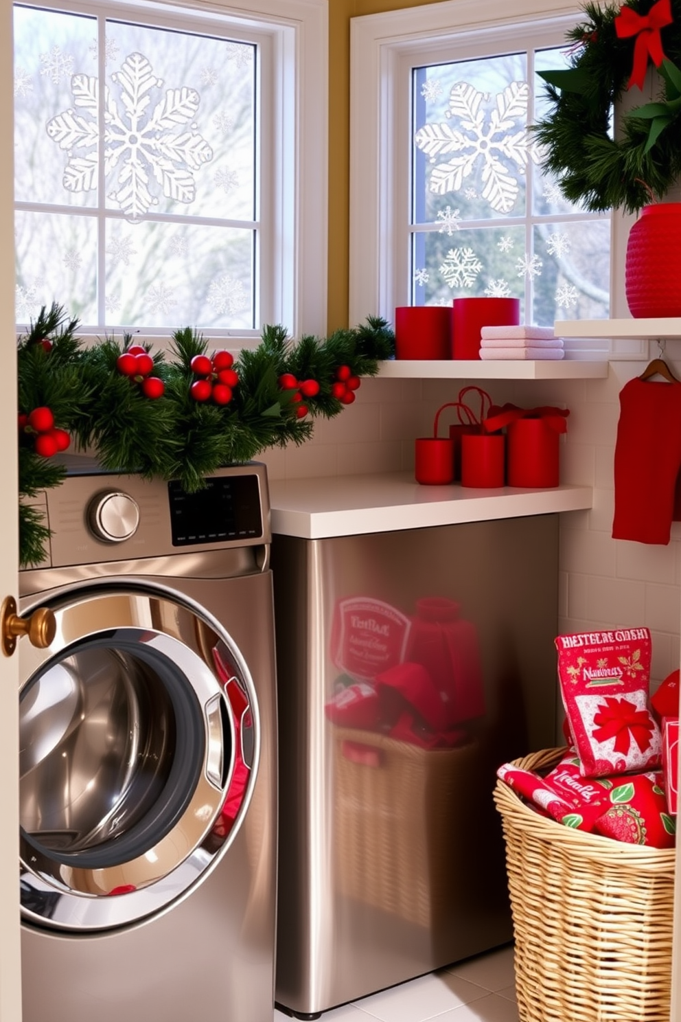 A cozy laundry room adorned with holiday-themed artwork on the walls. The space features a festive color palette with red and green accents, creating a cheerful atmosphere. Decorative garlands are draped over the cabinets, and a small Christmas tree sits in the corner. The countertops are neatly organized with holiday-themed storage bins and a festive runner.