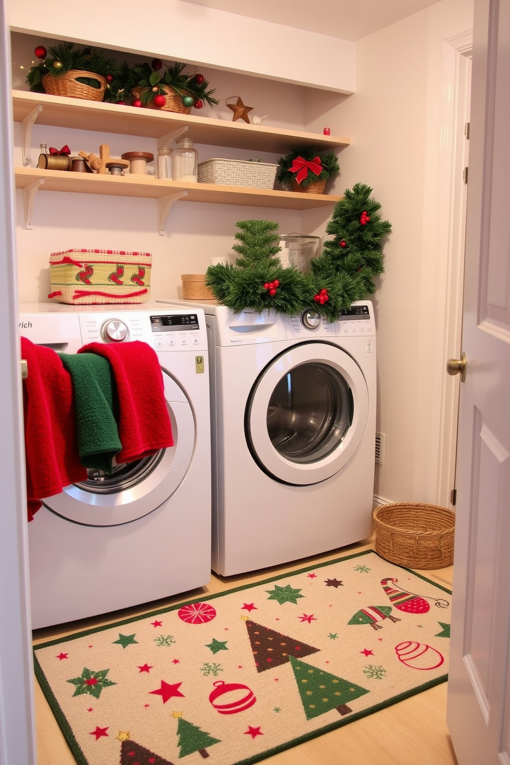 A cozy laundry room adorned with a festive Christmas-themed rug featuring cheerful holiday patterns and colors. The walls are painted in a soft white, and the space is decorated with string lights and small ornaments hanging from shelves. A practical yet charming laundry area showcasing Christmas decorations, including a garland draped over the washer and dryer. A basket filled with red and green towels sits next to the machine, adding a touch of holiday spirit to the functional space.