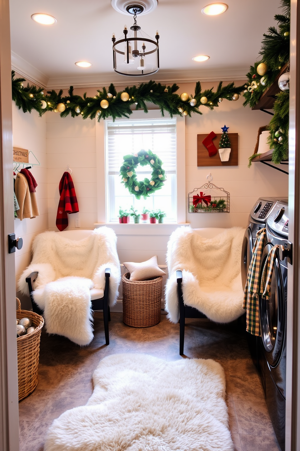 A cozy laundry room featuring chairs adorned with soft faux fur throws. The decor is enhanced with festive Christmas elements, including garlands and ornaments, creating a warm and inviting atmosphere.