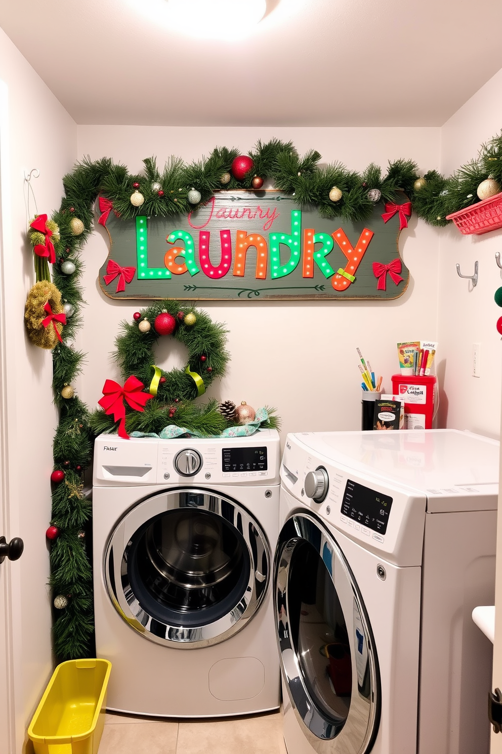 A cozy laundry room decorated for Christmas features festive laundry soap labels adorned with holly and snowflakes. The shelves are lined with colorful bins and twinkling fairy lights, creating a cheerful and inviting atmosphere. The walls are painted in a soft white, complemented by red and green accents throughout the space. A small Christmas tree sits in the corner, adorned with miniature ornaments and a star on top, bringing holiday spirit to the laundry area.