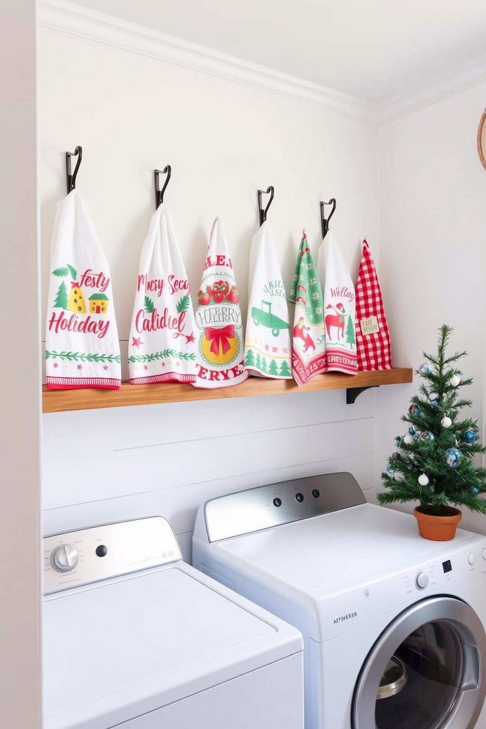 A cozy laundry room adorned with festive holiday spirit. Decorative holiday dish towels are neatly displayed on a wooden shelf, featuring vibrant colors and cheerful patterns. The walls are painted in a soft white hue, creating a bright and inviting atmosphere. A small potted Christmas tree sits on the countertop, adding a touch of seasonal charm to the space.