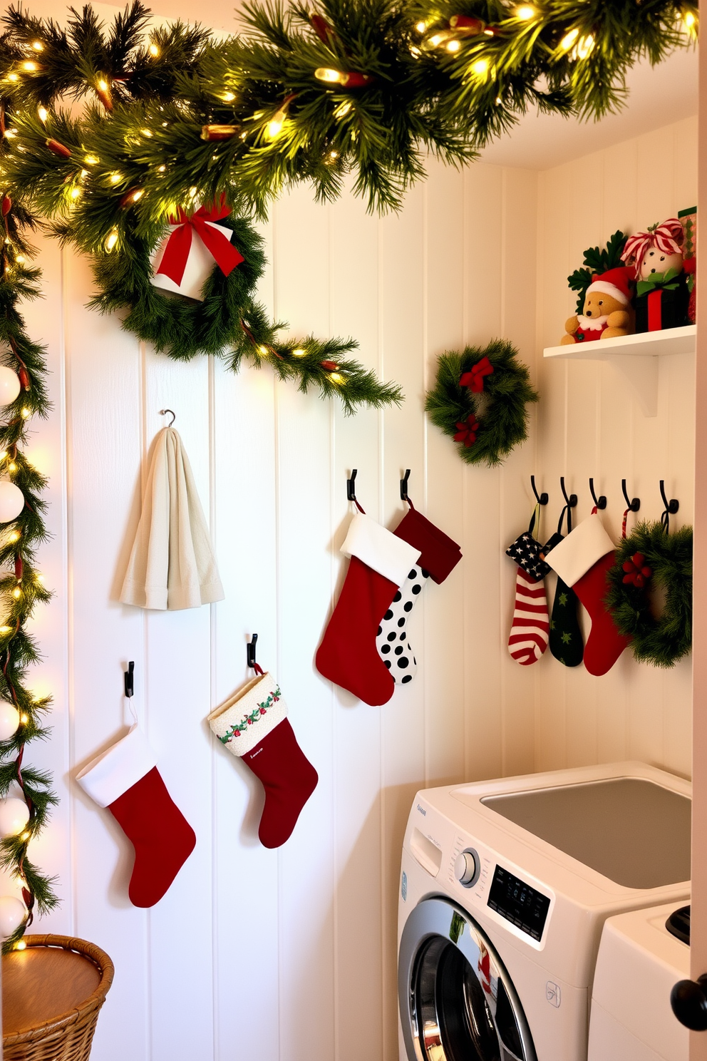 A cozy laundry room adorned for Christmas features a wall lined with cheerful hooks displaying colorful stockings. The space is decorated with festive garlands and twinkling lights, creating a warm and inviting atmosphere.