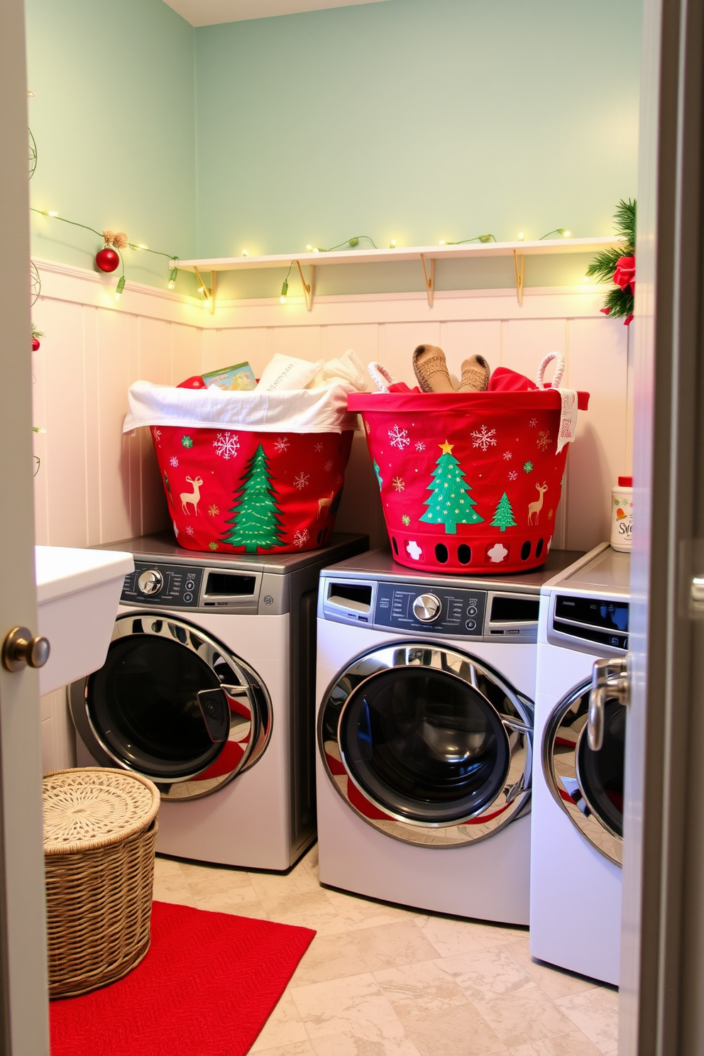 A cheerful laundry room featuring festive laundry baskets adorned with vibrant holiday prints. The space is decorated with string lights and seasonal ornaments, creating a warm and inviting atmosphere for the holidays.