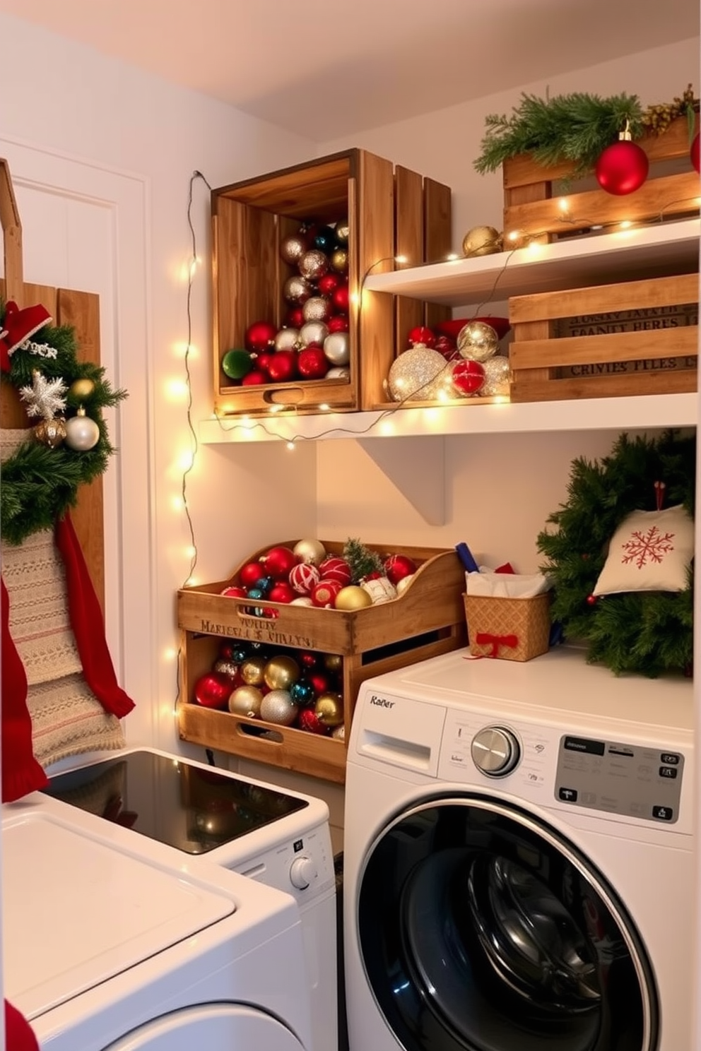 A cozy laundry room adorned for Christmas features wooden crates filled with an array of festive ornaments. The walls are painted in a soft white, and twinkling fairy lights drape across the shelves, adding a warm glow to the space.