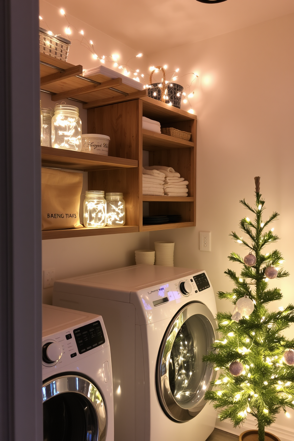 A cozy laundry room decorated for Christmas features string lights delicately hung above the washing area, creating a warm and inviting atmosphere. The walls are painted in a soft white, and festive decorations, such as garlands and ornaments, are tastefully arranged on the shelves.