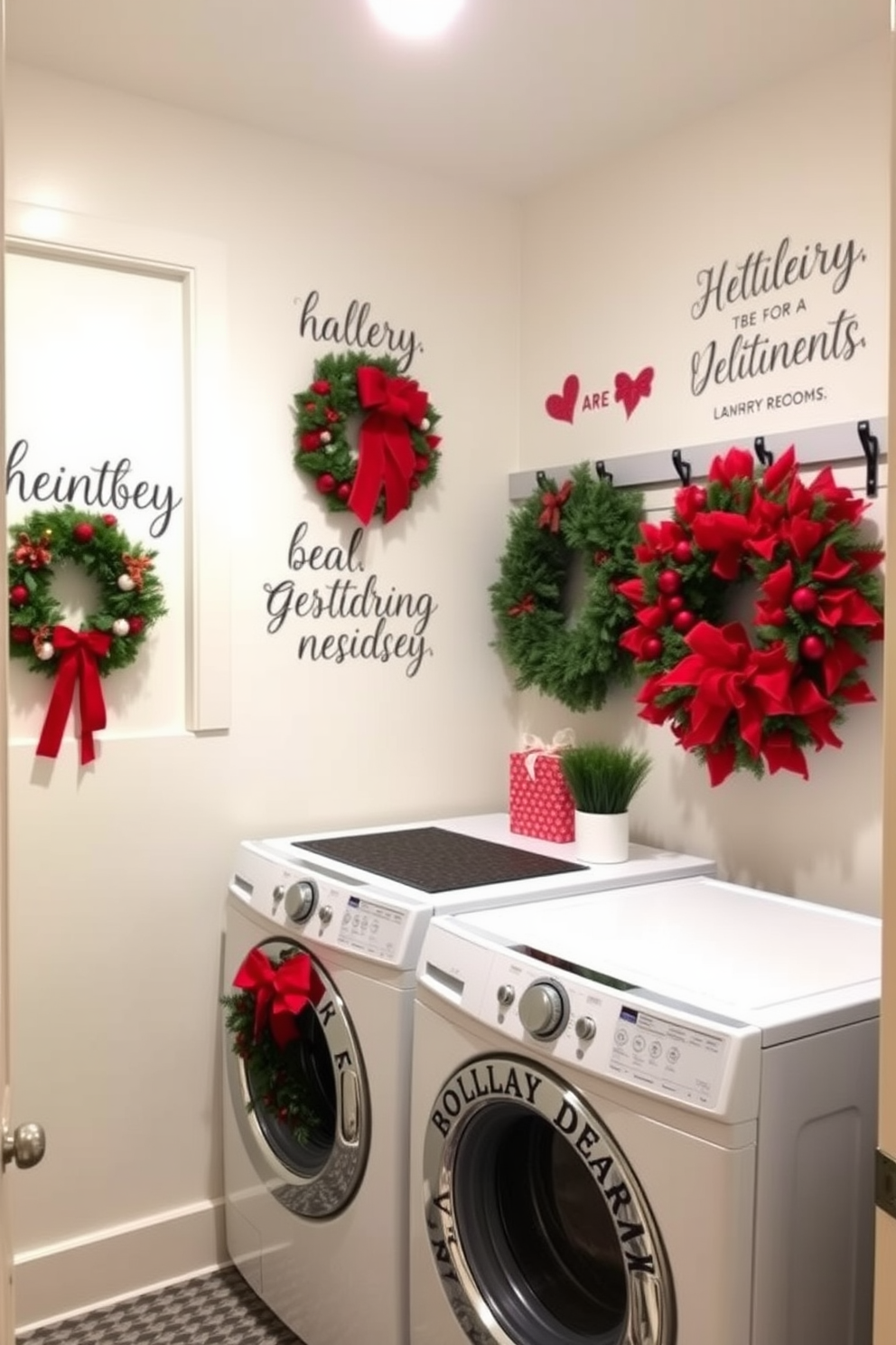 Festive holiday quotes adorn the walls of a cheerful laundry room. The space is decorated with vibrant Christmas-themed accents, including wreaths and garlands, creating a warm and inviting atmosphere.