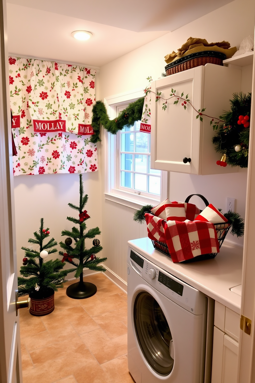 A cozy laundry room adorned with Christmas-themed fabric curtains that feature festive patterns of snowflakes and holly. The walls are painted in a soft white, and the floor is tiled in a warm beige, creating a cheerful atmosphere for holiday laundry tasks. Decorative elements include a small Christmas tree placed in one corner and a garland draped across the top of the cabinets. A basket filled with holiday-themed towels sits on the countertop, adding a touch of seasonal charm to the space.