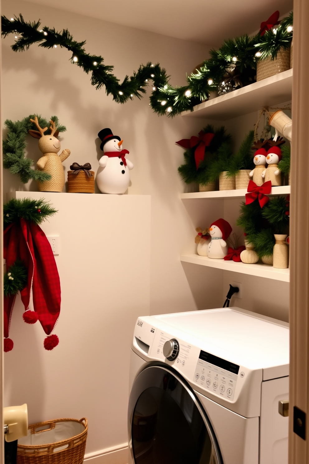 A cozy laundry room decorated for Christmas features shelves adorned with cheerful snowman and reindeer figurines. The walls are painted in a soft white, and festive garlands hang above the shelves, creating a warm and inviting atmosphere.