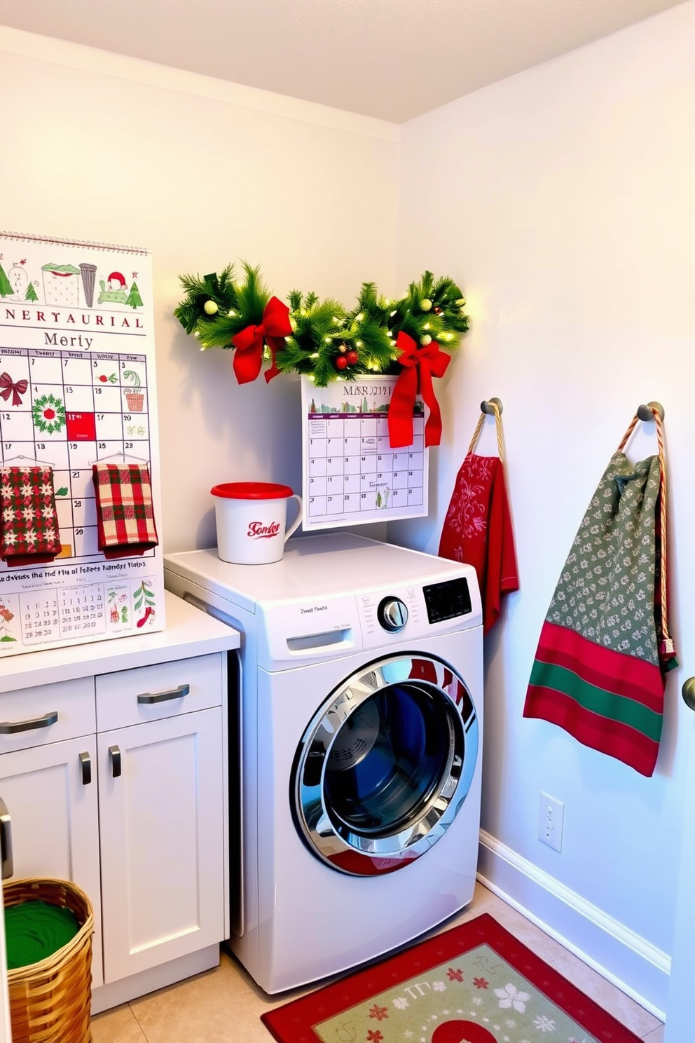 A cozy laundry room adorned with a holiday-themed calendar display. The walls are painted in a soft white, and the calendar features cheerful illustrations of winter scenes and festive motifs. A decorative garland with twinkling lights hangs above the washing machine. Bright red and green accents are incorporated through patterned towels and a festive rug on the floor.