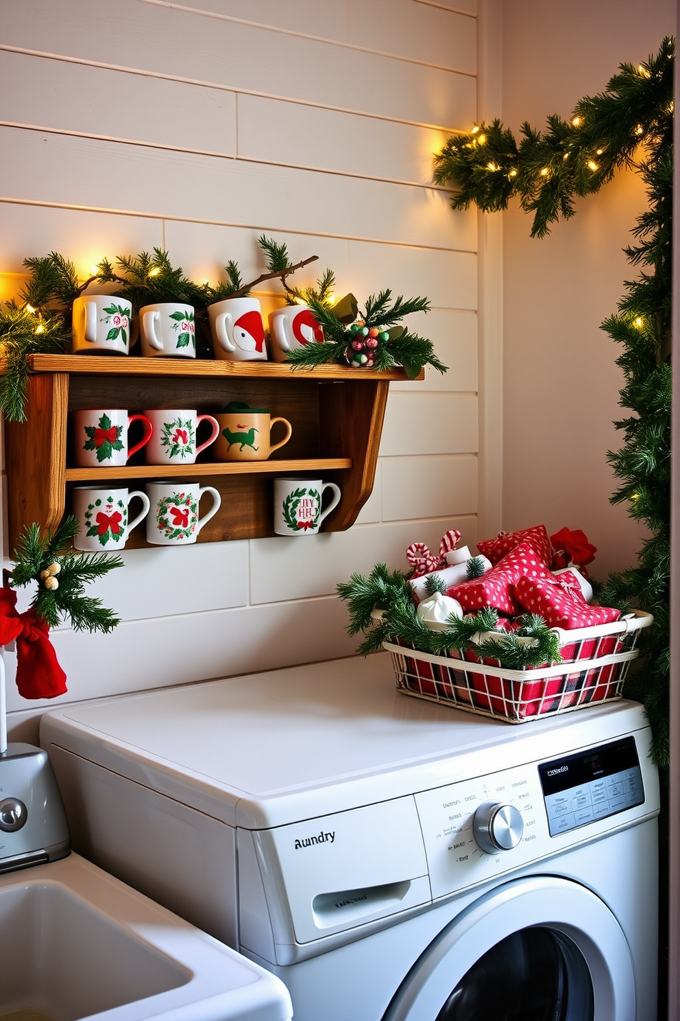 Charming holiday mugs are arranged on a rustic wooden shelf, showcasing vibrant colors and festive designs. The backdrop features a cozy wall painted in soft white, adorned with twinkling fairy lights that create a warm ambiance. In the laundry room, a cheerful holiday theme is brought to life with garlands of evergreen draped along the countertop. A vintage laundry basket filled with wrapped gifts sits in the corner, adding a playful touch to the festive decor.