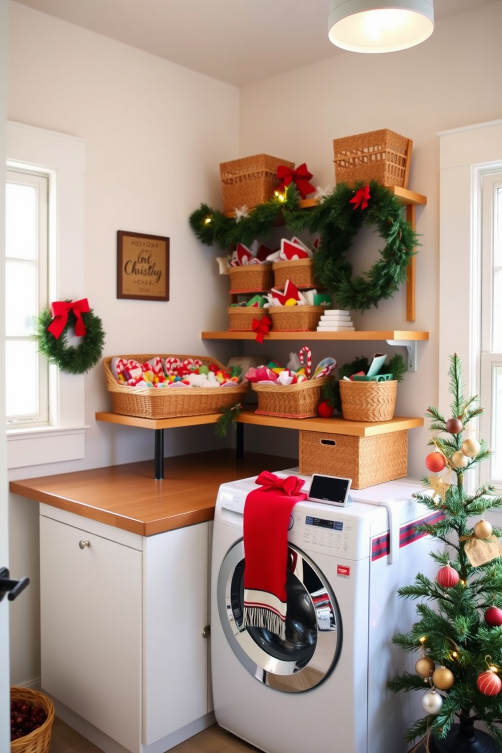 A cozy laundry room adorned with festive holiday decorations. Baskets filled with colorful holiday goodies are neatly arranged on a wooden shelf, adding a cheerful touch to the space. The walls are painted in a soft white hue, providing a bright backdrop for the decorations. A small Christmas tree, decorated with twinkling lights, stands in the corner, enhancing the holiday spirit.