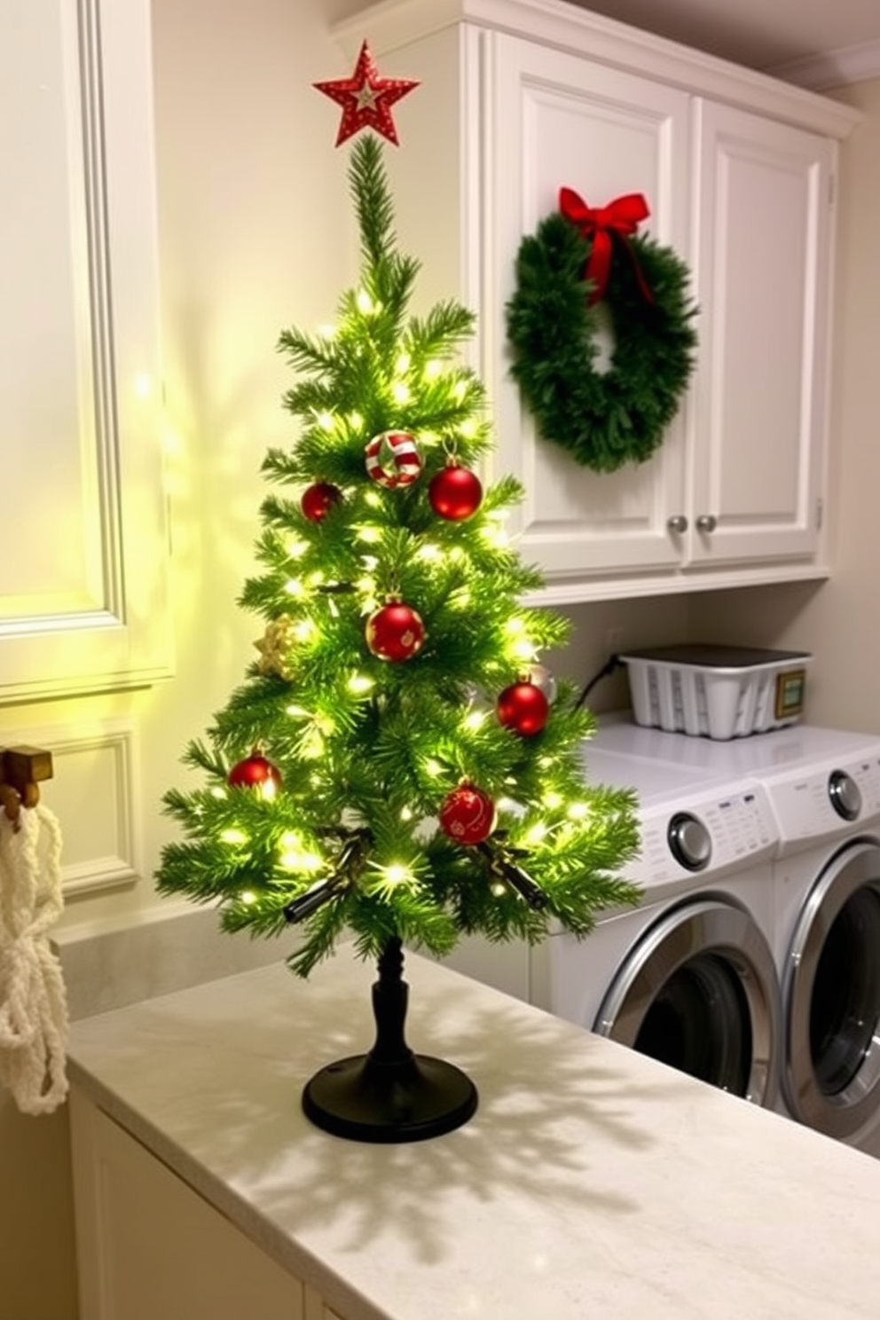 A bright and cheerful laundry room featuring a red and white color scheme. The walls are painted in a soft white, while red accents are added through decorative baskets and a vibrant rug. Christmas decorations adorn the space, with a festive wreath hanging on the door and string lights draped above the washer and dryer. A small red and white themed tree sits in the corner, adding a touch of holiday spirit to the room.