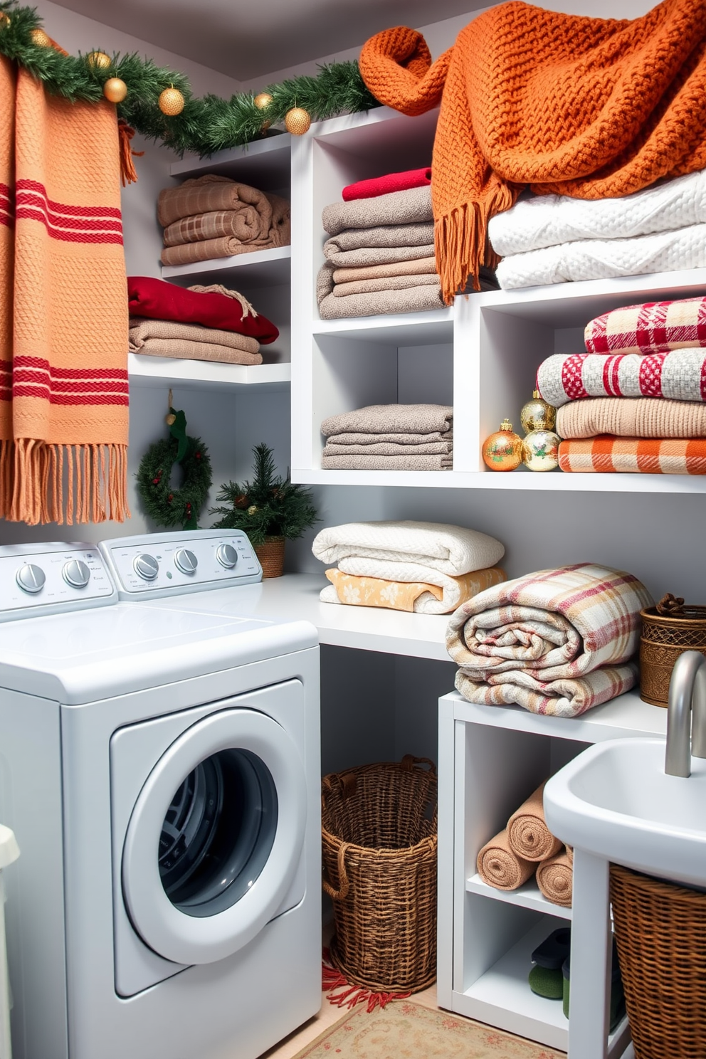 A cozy laundry room adorned with seasonal throw blankets in warm hues. The space features a functional layout with open shelving displaying neatly folded blankets alongside decorative Christmas ornaments.