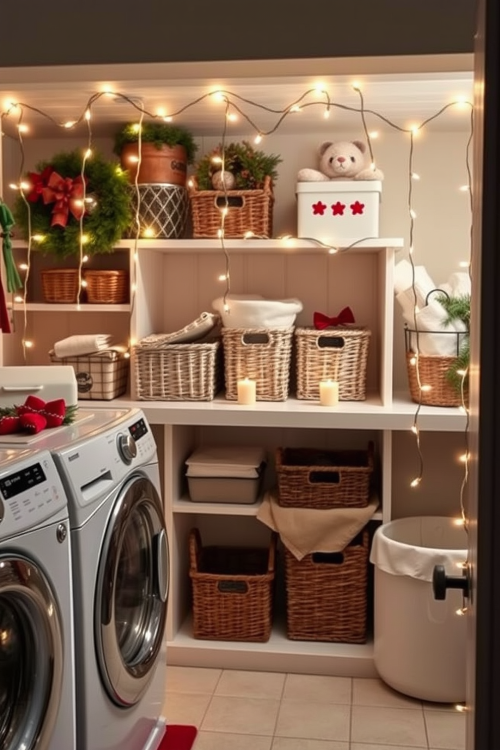 A cozy laundry room adorned with a pinecone garland gracefully draped over the open shelves. The shelves are filled with neatly organized laundry supplies and festive decorations, creating a warm and inviting holiday atmosphere.