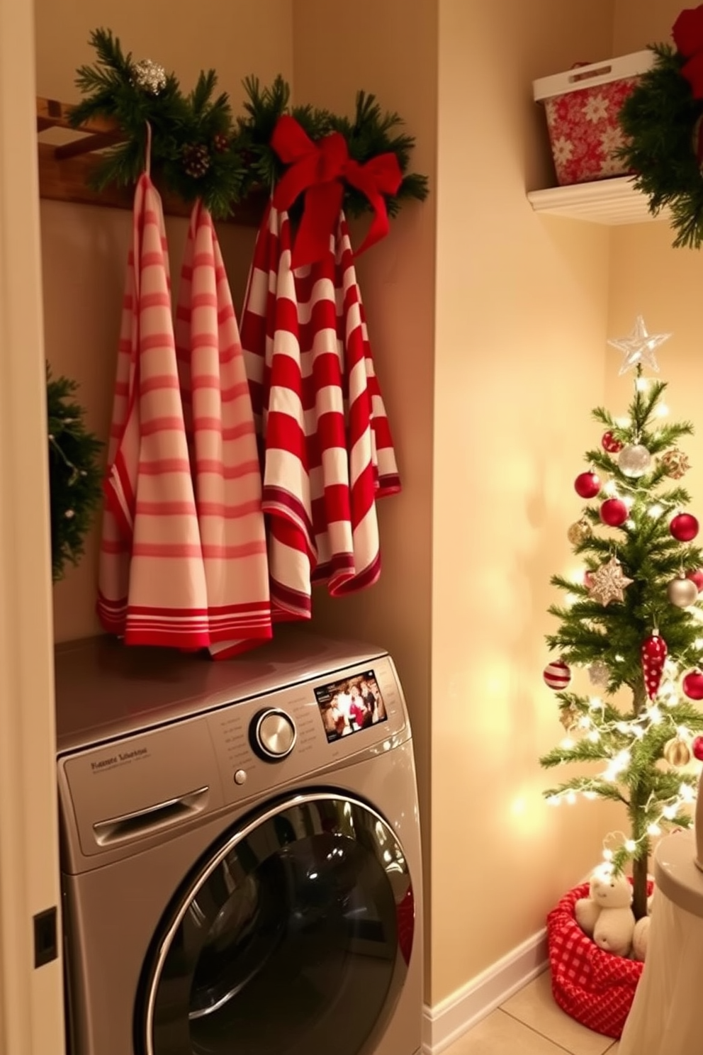 A charming laundry room adorned with vintage laundry signs that evoke a sense of nostalgia. The space is filled with holiday cheer, featuring garlands of evergreen and twinkling fairy lights draped across the shelves. Colorful ornaments and festive decorations accentuate the laundry area, creating a warm and inviting atmosphere. A cozy throw blanket is neatly folded on a wicker basket, adding a touch of comfort to the space.