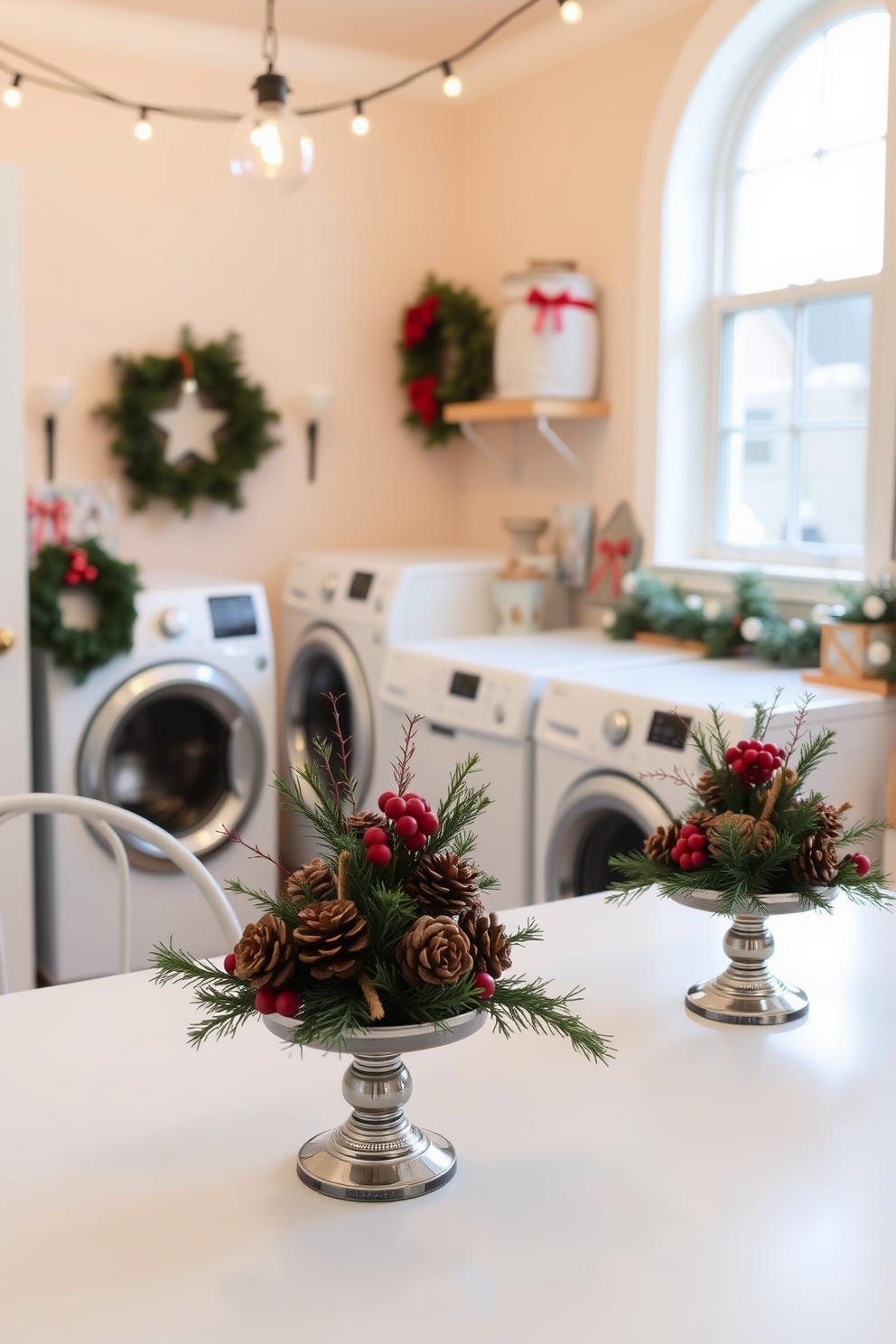 A cozy laundry room adorned for the holidays. Stockings are hung on rustic wooden hooks, each one uniquely designed with festive patterns and colors.