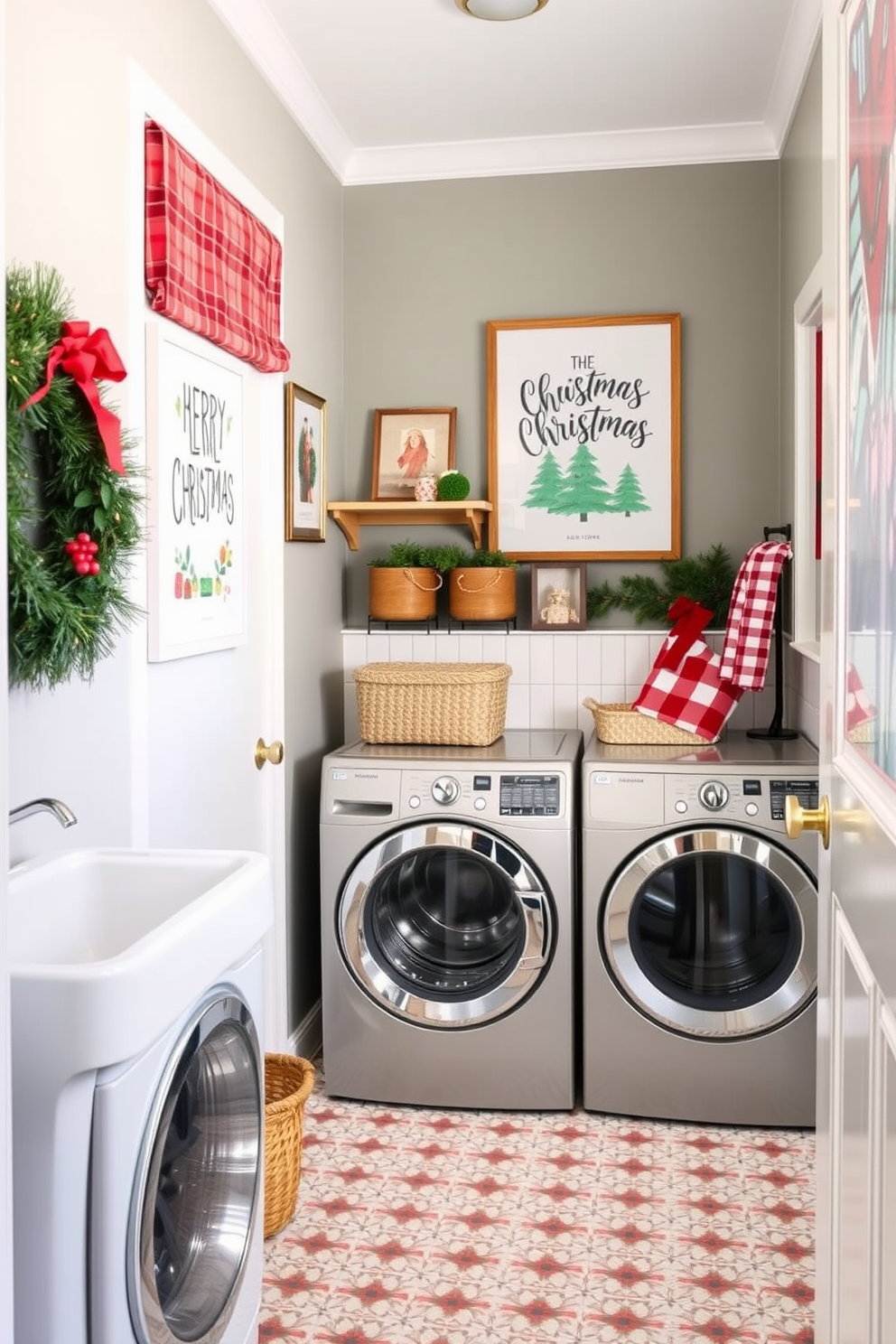 A cozy laundry room adorned for Christmas with faux snow and lush greenery arranged in rustic baskets. The walls are painted a soft white, and the floor features warm wooden planks, creating a festive and inviting atmosphere.