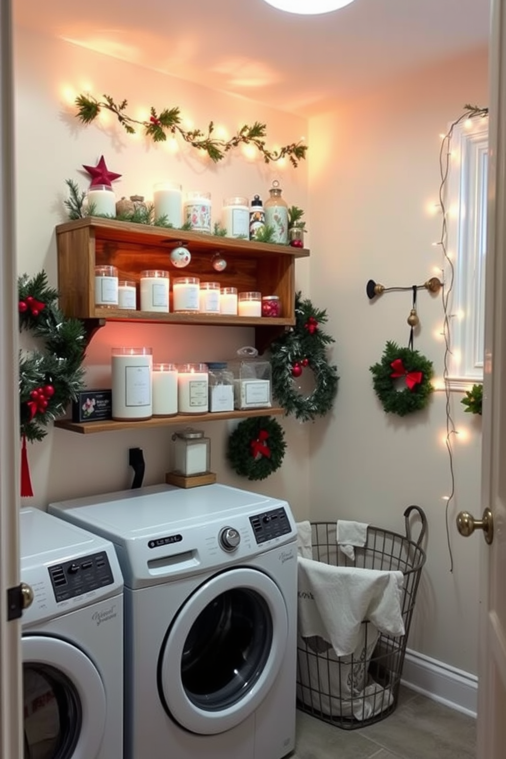 A cozy laundry room adorned with seasonal scented candles creating a warm ambiance. The space features a rustic wooden shelf displaying various candles in festive holiday scents, complemented by cheerful Christmas decorations like garlands and ornaments. The walls are painted in a soft pastel color, enhancing the inviting atmosphere. A stylish laundry basket sits in the corner, and twinkling fairy lights add a magical touch to the overall decor.